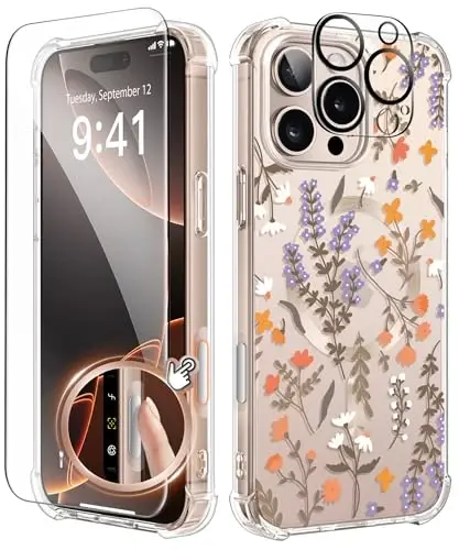 GVIEWIN for iPhone 16 Pro Max Case Floral, with Screen Protector&Camera Lens Protector,[Non Yellowing] Magnetic Shockproof Clear Phone Protective Cover for Women,Flower Pattern 6.9