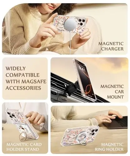 GVIEWIN for iPhone 16 Pro Max Case Floral, with Screen Protector&Camera Lens Protector,[Non Yellowing] Magnetic Shockproof Clear Phone Protective Cover for Women,Flower Pattern 6.9