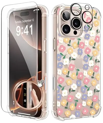 GVIEWIN for iPhone 16 Pro Max Case Floral, with Screen Protector&Camera Lens Protector,[Non Yellowing] Magnetic Shockproof Clear Phone Protective Cover for Women,Flower Pattern 6.9
