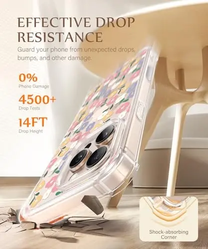 GVIEWIN for iPhone 16 Pro Max Case Floral, with Screen Protector&Camera Lens Protector,[Non Yellowing] Magnetic Shockproof Clear Phone Protective Cover for Women,Flower Pattern 6.9