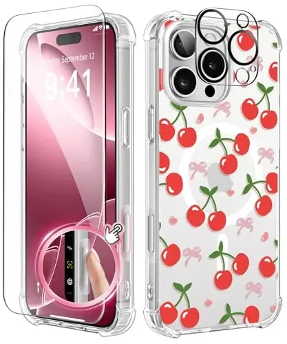 GVIEWIN for iPhone 16 Pro Max Case Floral, with Screen Protector&Camera Lens Protector,[Non Yellowing] Magnetic Shockproof Clear Phone Protective Cover for Women,Flower Pattern 6.9