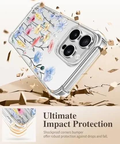 GVIEWIN for iPhone 16 Pro Max Case Floral, with Screen Protector&Camera Lens Protector,[Non Yellowing] Slim Shockproof Clear Phone Protective Cover for Women,Flower Pattern 6.9