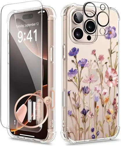 GVIEWIN for iPhone 16 Pro Max Case Floral, with Screen Protector&Camera Lens Protector,[Non Yellowing] Slim Shockproof Clear Phone Protective Cover for Women,Flower Pattern Design 6.9