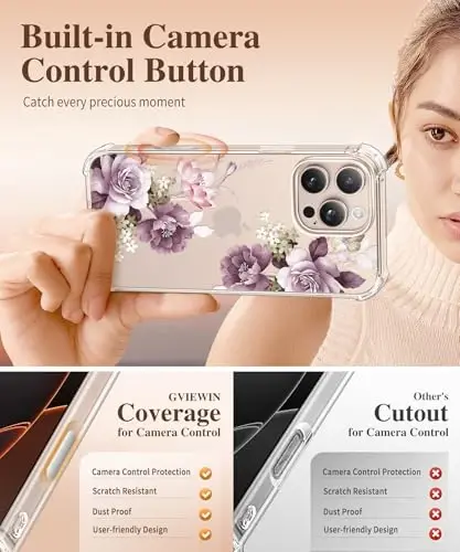 GVIEWIN for iPhone 16 Pro Max Case Floral, with Screen Protector&Camera Lens Protector,[Non Yellowing]Slim Shockproof Clear Phone Protective Cover for Women,Flower Pattern Design 6.9