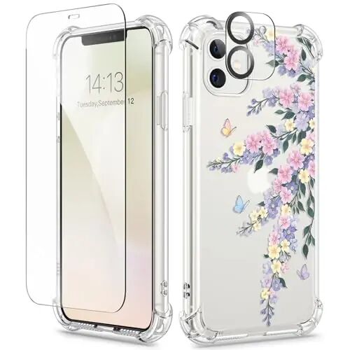 GVIEWIN iPhone 11 G‘ilof Gul naqshli, ekran himoyachisi va kamera linzalari himoyachisi bilan, [Sarg‘aymaydigan] Yumshoq zarbaga chidamli shaffof telefon himoya qoplami ayollar uchun, Gul naqshli dizayn 6.1