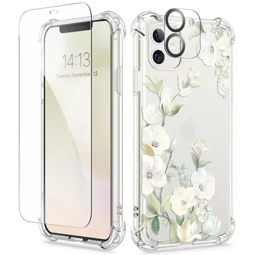 GVIEWIN iPhone 11 Kılıf Çiçekli, Ekran Koruyucu ve Kamera Lens Koruyucu ile, [Sararmaz] Yumuşak Darbeye Dayanıklı Şeffaf Telefon Koruyucu Kapak Kadınlar İçin, Çiçek Desenli Tasarım 6.1