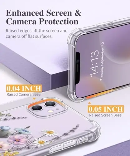 GVIEWIN iPhone 11 Kılıfı Çiçekli, Ekran Koruyucu ve Kamera Lensi Koruyuculu, [Sararmaz] Yumuşak Darbeye Dayanıklı Şeffaf Telefon Koruyucu Kılıf, Kadınlar için, Çiçek Desenli Tasarım 6.1