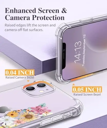 GVIEWIN iPhone 11 uchun g‘ilof, gulli dizayn, ekran va kamera himoyachisi bilan, [sarg‘aymaydigan], ayollar uchun yumshoq, zarbaga chidamli shaffof himoya g‘ilofi, 6.1 dyuym (Floral Meow/Rangli) - 5