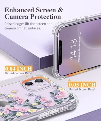 GVIEWIN iPhone 11 uchun g‘ilof, gulli dizayn, ekran va kamera himoyachisi bilan, [sarg‘aymaydigan] yumshoq zarbaga chidamli shaffof ayollar uchun himoya g‘ilofi, gul naqshli 6,1 dyuym (Zig‘ir/Moviy) - 5