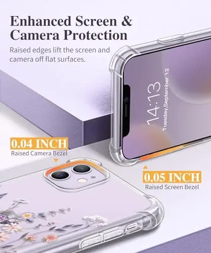 GVIEWIN iPhone 11 uchun g‘ilof, gulli dizayn, ekran va kamera linzalari uchun himoya plyonkali, [sarg‘aymaydigan] yumshoq, zarbga chidamli shaffof ayollar uchun g‘ilof, 6,1 dyuym (Floratopia/Rangli) - 5