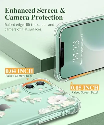 GVIEWIN iPhone 11 uchun g‘ilof, gulli, ekran himoyasi va kamera linzalari himoyasi bilan, [sarg‘aymaydigan] ayollar uchun yumshoq zarbaga chidamli shaffof himoya g‘ilofi, gul naqshli dizayn 6.1