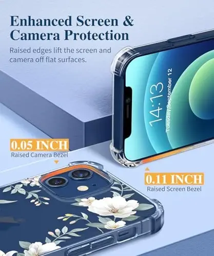 GVIEWIN iPhone 12 va iPhone 12 Pro g‘ilofi, gulli, ekran va kamera linzalari uchun himoya plyonkali, [sarg‘aymaydigan], ayollar uchun yumshoq, zarbaga chidamli shaffof himoya g‘ilofi, gul naqshli 6.1