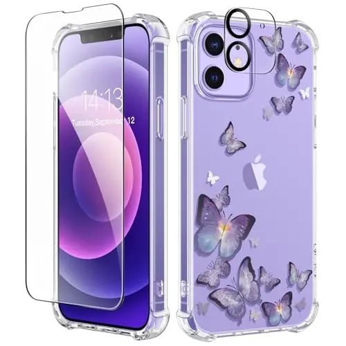 GVIEWIN iPhone 12 va iPhone 12 Pro uchun gʻilof, gulli dizayn, ekran va kamera himoyasi bilan, [sargʻaymaydigan] zarbaga chidamli shaffof ayollar uchun himoya gʻilofi, gul naqshli 6.1