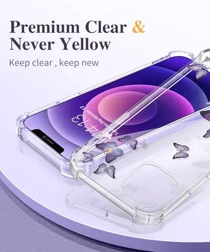 GVIEWIN iPhone 12 va iPhone 12 Pro uchun gʻilof, gulli dizayn, ekran va kamera himoyasi bilan, [sargʻaymaydigan] zarbaga chidamli shaffof ayollar uchun himoya gʻilofi, gul naqshli 6.1