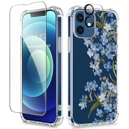 GVIEWIN iPhone 12 va iPhone 12 Pro uchun g‘ilof, gulli dizayn, ekran va kamera linzalari himoyachisi bilan, [sarg‘aymaydigan] yumshoq, zarbaga chidamli shaffof ayollar uchun himoya g‘ilofi, gul naqshli 6.1 dyuym (Aconite/Blue) - 1