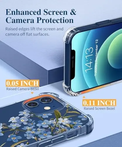GVIEWIN iPhone 12 va iPhone 12 Pro uchun g‘ilof, gulli dizayn, ekran va kamera linzalari himoyachisi bilan, [sarg‘aymaydigan] yumshoq, zarbaga chidamli shaffof ayollar uchun himoya g‘ilofi, gul naqshli 6.1 dyuym (Aconite/Blue) - 5
