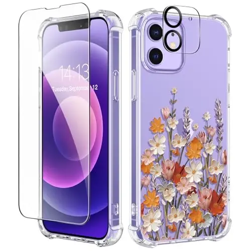 GVIEWIN iPhone 12 ve iPhone 12 Pro Gulli G‘ilof, Ekran Himoyachisi va Kamera Linza Himoyachisi bilan, [Sarg‘aymaydigan] Ayollar uchun Yumshoq Zarbaga Chidamli Shaffof Telefon Himoya G‘ilofi, Gul Naqshli 6.1