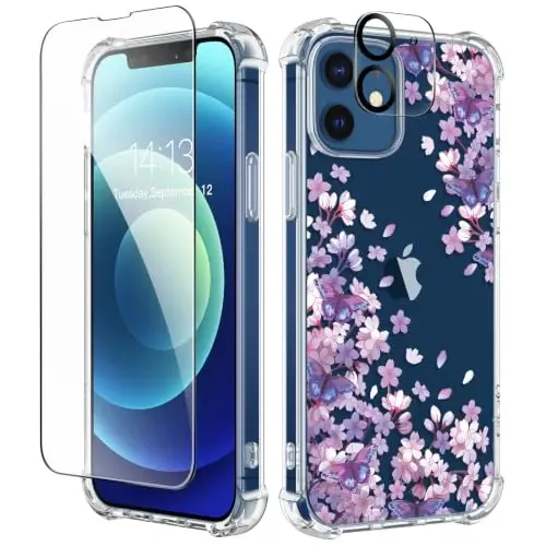 GVIEWIN for iPhone 12&iPhone 12 Pro Case Floral, with Screen Protector&Camera Lens Protector,[Non Yellowing] Soft Shockproof Clear Phone Protective Cover for Women, Flower Pattern 6.1