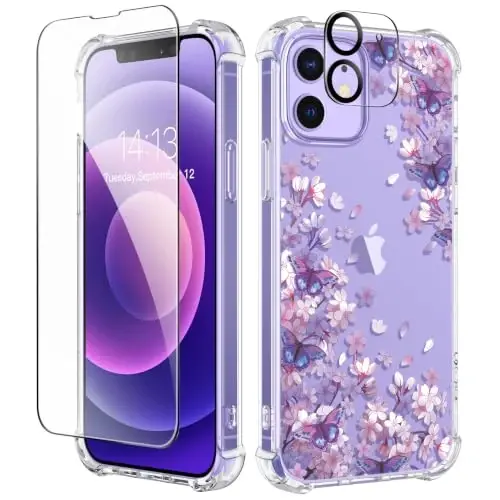 GVIEWIN for iPhone 12&iPhone 12 Pro Case Floral, with Screen Protector&Camera Lens Protector,[Non Yellowing] Soft Shockproof Clear Phone Protective Cover for Women, Flower Pattern 6.1
