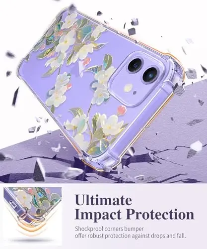 GVIEWIN iPhone 12 ve iPhone 12 Pro Kılıf Çiçekli, Ekran Koruyucu ve Kamera Lensi Koruyucu ile, [Sararma Yapmaz] Kadınlar için Yumuşak Darbeye Dayanıklı Şeffaf Telefon Koruyucu Kılıf, Çiçek Desenli 6.1
