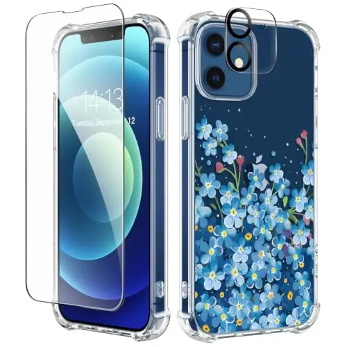 GVIEWIN for iPhone 12&iPhone 12 Pro Case Floral, with Screen Protector&Camera Lens Protector,[Non Yellowing] Soft Shockproof Clear Phone Protective Cover for Women, Flower Pattern 6.1