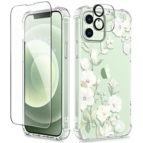 GVIEWIN iPhone 12&iPhone 12 Pro G‘ilofi Gulli, Ekranni himoya qiluvchi oyna va Kamera linzasi himoyachisi bilan, [Sarg‘aymaydigan] Yumshoq zarbaga chidamli shaffof telefon himoya g‘ilofi, Ayollar uchun, Gul naqshli 6.1