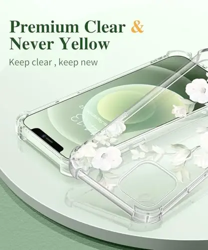 GVIEWIN iPhone 12&iPhone 12 Pro G‘ilofi Gulli, Ekranni himoya qiluvchi oyna va Kamera linzasi himoyachisi bilan, [Sarg‘aymaydigan] Yumshoq zarbaga chidamli shaffof telefon himoya g‘ilofi, Ayollar uchun, Gul naqshli 6.1