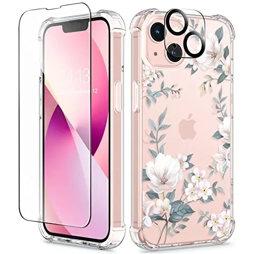 GVIEWIN iPhone 13 Kılıf Çiçekli, Ekran Koruyucu ve Kamera Lens Koruyucu ile, [Sararma Yapmaz] Yumuşak Darbeye Dayanıklı Şeffaf Kadın Telefon Kılıfı, Çiçek Desenli Tasarım 6.1