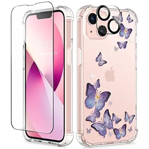 GVIEWIN iPhone 13 Kılıf Çiçekli, Ekran Koruyucu ve Kamera Lens Koruyuculu, [Sararma Yapmaz] Yumuşak Darbe Emici Şeffaf Telefon Koruyucu Kapak Kadınlar İçin, Çiçek Desenli Tasarım 6.1