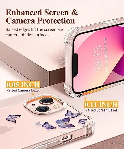 GVIEWIN iPhone 13 Kılıf Çiçekli, Ekran Koruyucu ve Kamera Lens Koruyuculu, [Sararma Yapmaz] Yumuşak Darbe Emici Şeffaf Telefon Koruyucu Kapak Kadınlar İçin, Çiçek Desenli Tasarım 6.1