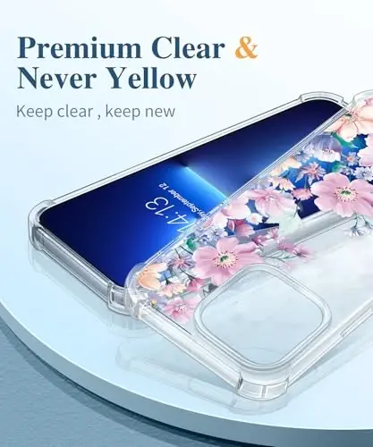 GVIEWIN iPhone 13 Pro Kılıf Çiçekli, Ekran Koruyucu ve Kamera Lens Koruyuculu, [Sararmaz] Kadınlar için Yumuşak Darbeye Dayanıklı Şeffaf Telefon Koruyucu Kılıf, Çiçek Desenli Tasarım 6.1