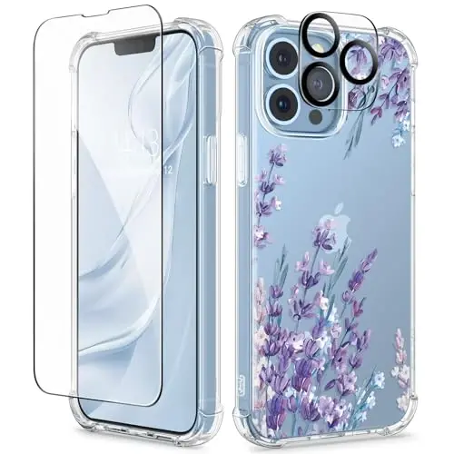 GVIEWIN iPhone 13 Pro Kılıf Çiçekli, Ekran Koruyuculu ve Kamera Lens Koruyuculu, [Sararma Yapmaz] Kadınlar için Yumuşak Darbeye Dayanıklı Şeffaf Telefon Koruyucu Kılıf, Çiçek Desenli Tasarım 6.1