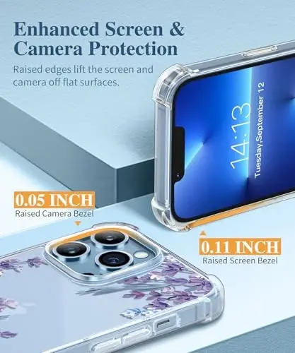 GVIEWIN iPhone 13 Pro Kılıf Çiçekli, Ekran Koruyuculu ve Kamera Lens Koruyuculu, [Sararma Yapmaz] Kadınlar için Yumuşak Darbeye Dayanıklı Şeffaf Telefon Koruyucu Kılıf, Çiçek Desenli Tasarım 6.1