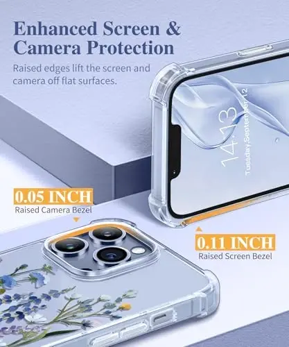 GVIEWIN iPhone 13 Pro Max Kılıf Çiçekli, Ekran Koruyucu ve Kamera Lens Koruyucu ile, [Sararma Yapmaz] Yumuşak Darbeye Dayanıklı Şeffaf Telefon Koruyucu Kılıf Kadınlar için, Çiçek Desenli Tasarım 6.7