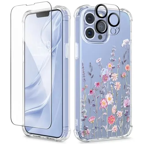 GVIEWIN iPhone 13 Pro Max Kılıfı Çiçekli, Ekran Koruyucu ve Kamera Lens Koruyuculu, [Sararma Yapmaz] Kadınlar için Yumuşak Darbe Emici Şeffaf Telefon Koruyucu Kılıf, Çiçek Desenli Tasarım 6.7