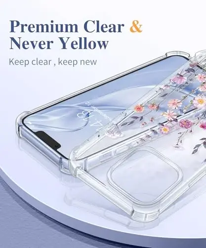 GVIEWIN iPhone 13 Pro Max Kılıfı Çiçekli, Ekran Koruyucu ve Kamera Lens Koruyuculu, [Sararma Yapmaz] Kadınlar için Yumuşak Darbe Emici Şeffaf Telefon Koruyucu Kılıf, Çiçek Desenli Tasarım 6.7