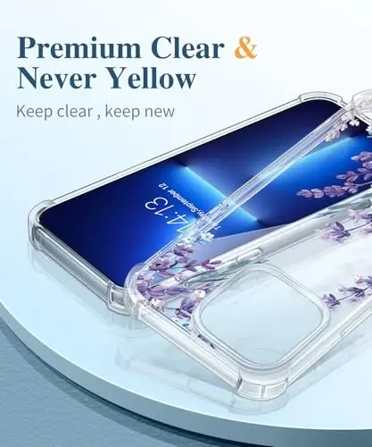 GVIEWIN iPhone 13 Pro uchun guldor g'ilof, ekran va kamera himoyasi bilan, [sarg'aymaydigan] yumshoq zarbaga chidamli shaffof ayollar uchun himoya g'ilofi, gul naqshli dizayn 6.1