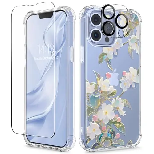 GVIEWIN iPhone 13 Pro uchun guldor g'ilof, ekran va kamera linzalari himoyasi bilan, [sarg'aymaydigan] yumshoq zarbaga chidamli shaffof ayollar uchun himoya g'ilofi, gul naqshli dizayn 6.1