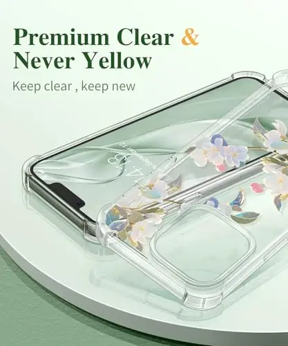 GVIEWIN iPhone 13 Pro uchun guldor g'ilof, ekran va kamera linzalari himoyasi bilan, [sarg'aymaydigan] yumshoq zarbaga chidamli shaffof ayollar uchun himoya g'ilofi, gul naqshli dizayn 6.1
