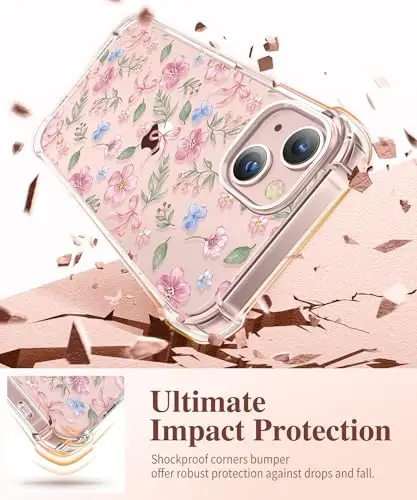 GVIEWIN iPhone 13 uchun gʻilof, gulli, ekran himoyachisi va kamera linzalari himoyachisi bilan, [sargʻaymaydigan] ayollar uchun yumshoq zarbaga chidamli shaffof telefon himoya gʻilofi, gul naqshli dizayn 6,1 dyuym (Bliss Strew/Pushti) - 4