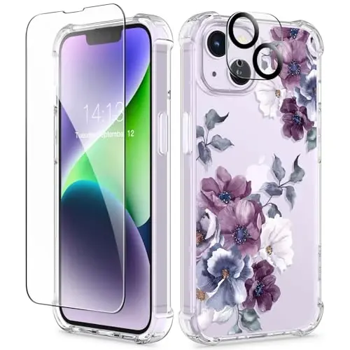 GVIEWIN iPhone 14 Kılıf Çiçekli, Ekran Koruyucu ve Kamera Lens Koruyucu ile, [Sararmaz] Kadınlar için Yumuşak Darbeye Dayanıklı Şeffaf Telefon Koruyucu Kapak, Çiçek Desenli Tasarım 6.1