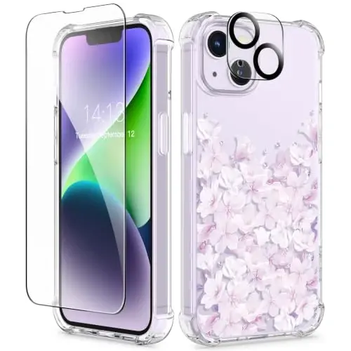 GVIEWIN iPhone 14 Kılıf Çiçekli, Ekran Koruyucu ve Kamera Lensi Koruyucu ile,[Sararmaz] Kadınlar İçin Yumuşak Darbeye Dayanıklı Şeffaf Telefon Koruyucu Kılıf, Çiçek Desenli Tasarım 6.1