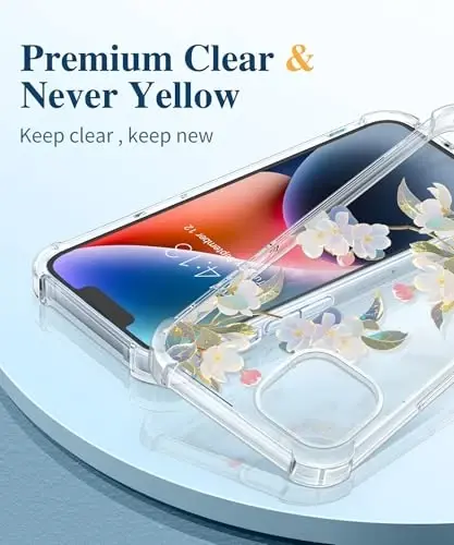 GVIEWIN iPhone 14 Kılıf Çiçekli, Ekran Koruyucu+Kamera Lens Koruyucu ile, [Sararma Yapmaz] Yumuşak Darbeye Dayanıklı Şeffaf Telefon Koruyucu Kılıf, Kadınlar için, Çiçek Desenli Tasarım 6.1