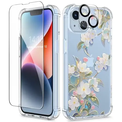 GVIEWIN iPhone 14 Plus Kılıf Çiçekli, Ekran Koruyucu + Kamera Lens Koruyuculu, [Sararmaz] Yumuşak Darbeye Dayanıklı Şeffaf Telefon Koruma Kılıfı Kadınlar İçin, Çiçek Desenli Tasarım 6.7