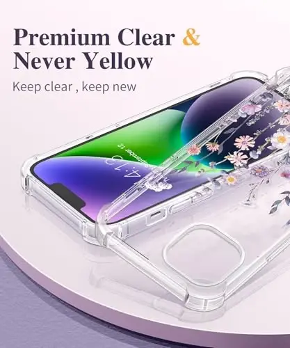 GVIEWIN iPhone 14 Plus Kılıf Çiçekli, Ekran Koruyucu ve Kamera Lens Koruyucu ile, [Sararma Yapmaz] Yumuşak Darbeye Dayanıklı Şeffaf Telefon Koruyucu Kılıf Kadınlar için, Çiçek Desenli Tasarım 6.7