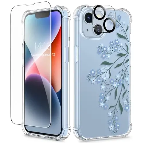 GVIEWIN iPhone 14 Plus Kılıf Çiçekli, Ekran Koruyucu+Kamera Lens Koruyucu ile, [Sararma Yapmaz] Yumuşak Darbeye Dayanıklı Şeffaf Telefon Koruyucu Kılıf Kadınlar için, Çiçek Desenli Tasarım 6.7