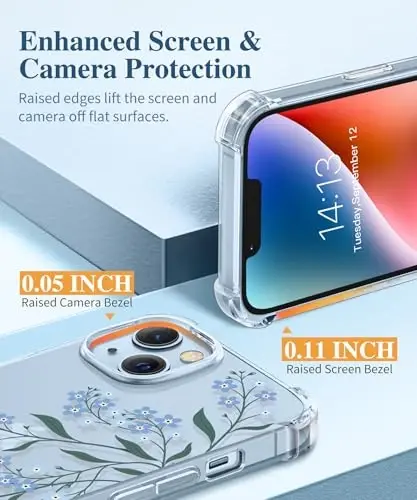 GVIEWIN iPhone 14 Plus Kılıf Çiçekli, Ekran Koruyucu+Kamera Lens Koruyucu ile, [Sararma Yapmaz] Yumuşak Darbeye Dayanıklı Şeffaf Telefon Koruyucu Kılıf Kadınlar için, Çiçek Desenli Tasarım 6.7