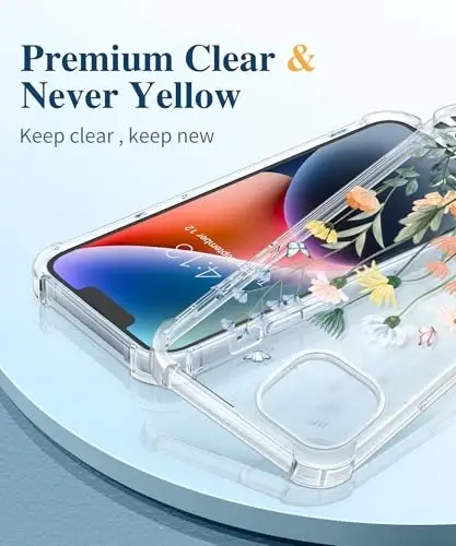 GVIEWIN iPhone 14 Plus uchun guldor g‘ilof, ekran va kamera himoyasi bilan, [sarg‘aymaydigan] yumshoq zarbaga chidamli shaffof himoya g‘ilofi, ayollar uchun, gul naqshli dizayn 6.7