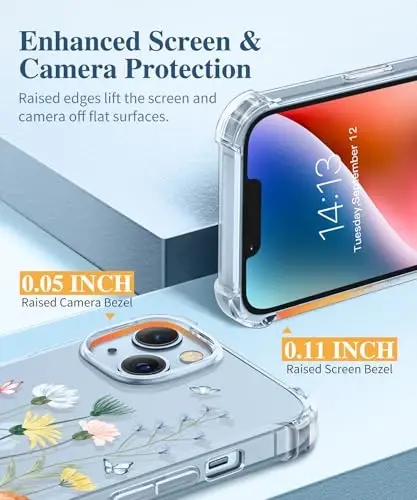 GVIEWIN iPhone 14 Plus uchun guldor g‘ilof, ekran va kamera himoyasi bilan, [sarg‘aymaydigan] yumshoq zarbaga chidamli shaffof himoya g‘ilofi, ayollar uchun, gul naqshli dizayn 6.7