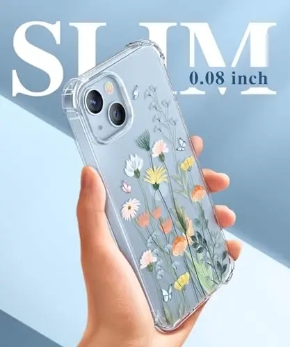 GVIEWIN iPhone 14 Plus uchun guldor g‘ilof, ekran va kamera himoyasi bilan, [sarg‘aymaydigan] yumshoq zarbaga chidamli shaffof himoya g‘ilofi, ayollar uchun, gul naqshli dizayn 6.7
